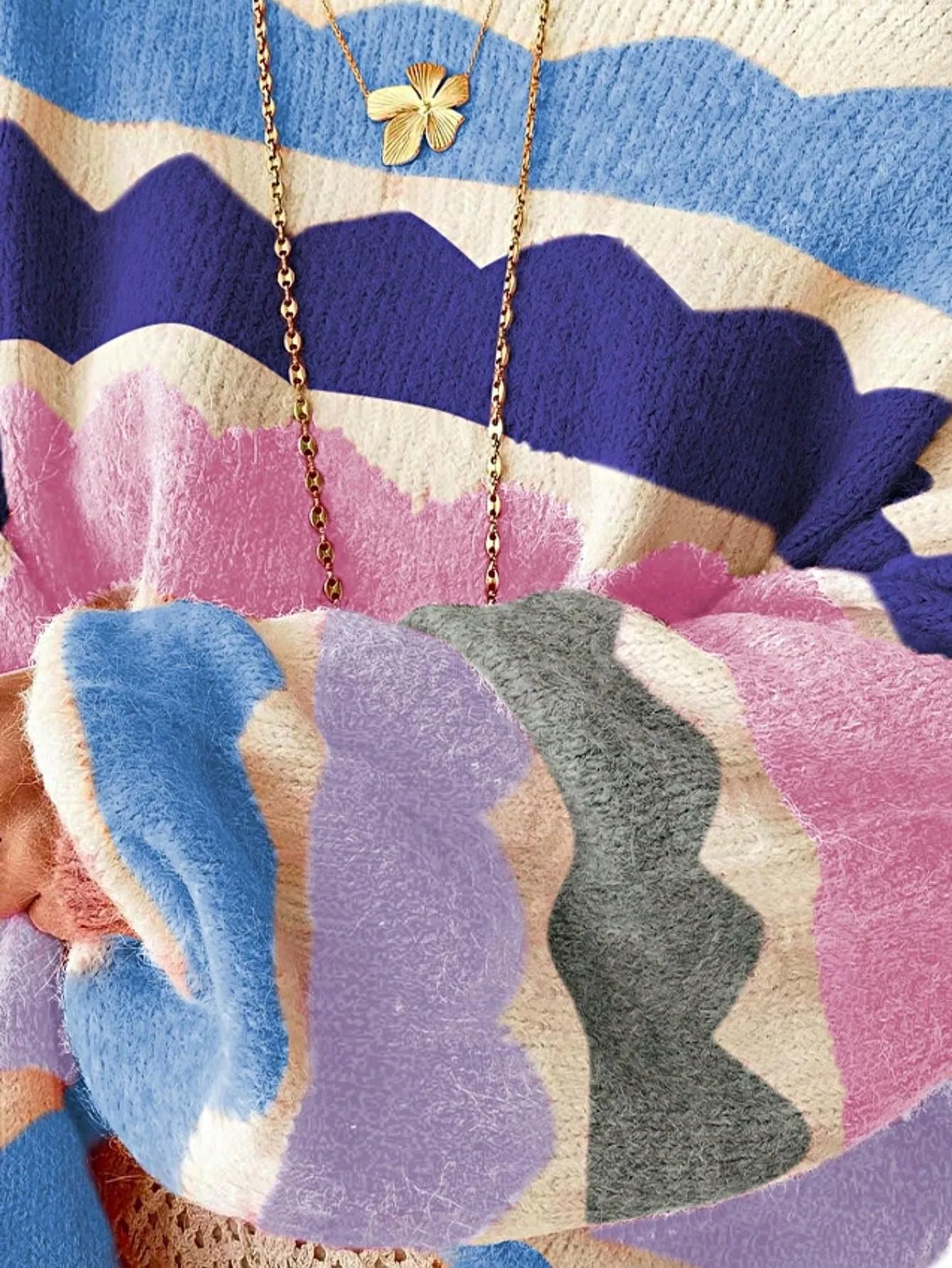 Barbi Pink Boho Retro Vintage 60's Drop Shoulder Bubble Puff Sleeve Wave Stripe Floral Overs Sized Sweater Knit sold by Zulily product image thumbnail 2