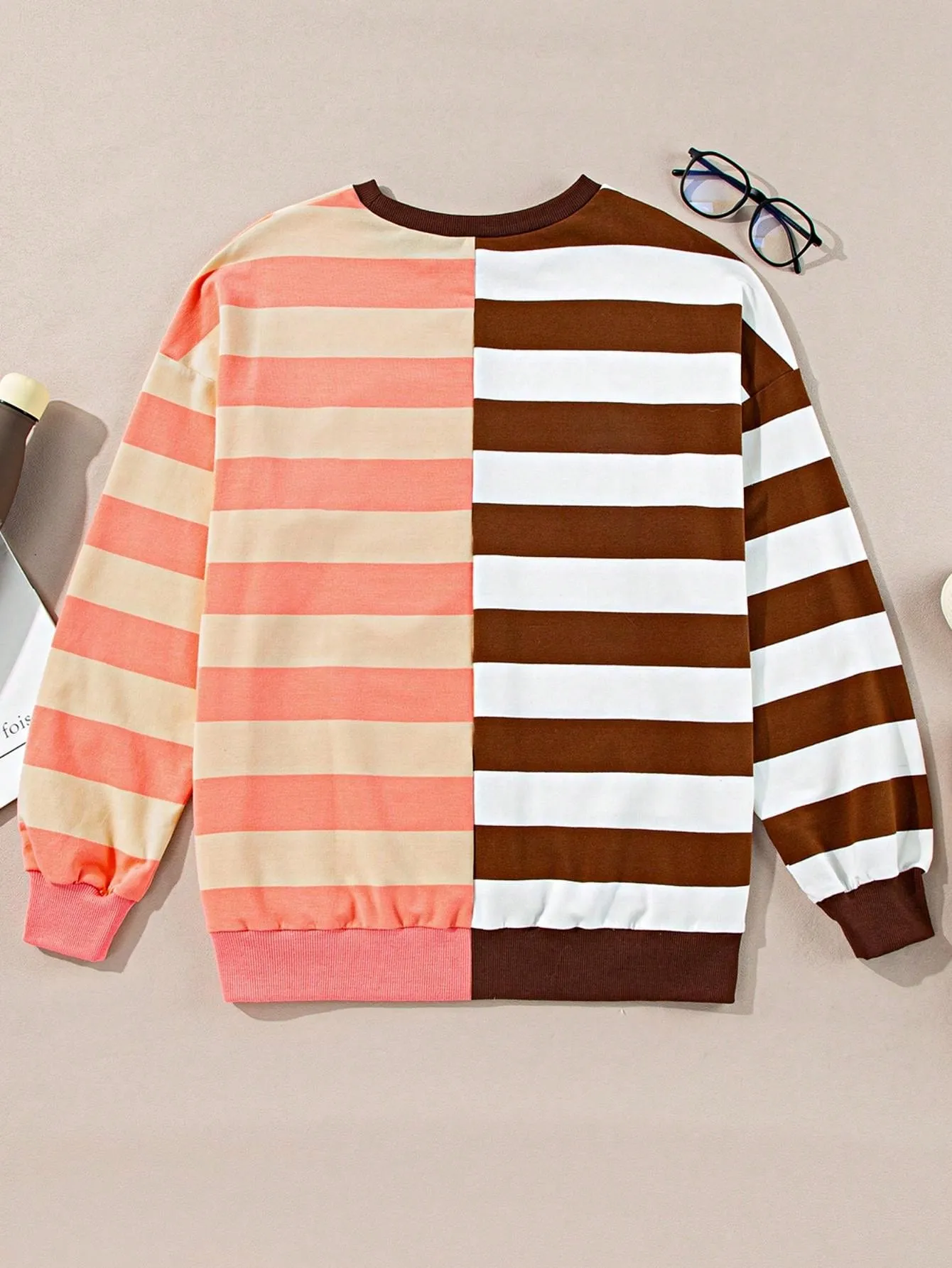 Boho Retro Vintage 90's Vibe Cotton Drop Shoulder Over Size Color Block Sleeve Stripe Sweat Shirt Top Pull Over Sweater sold by Zulily product image thumbnail 2
