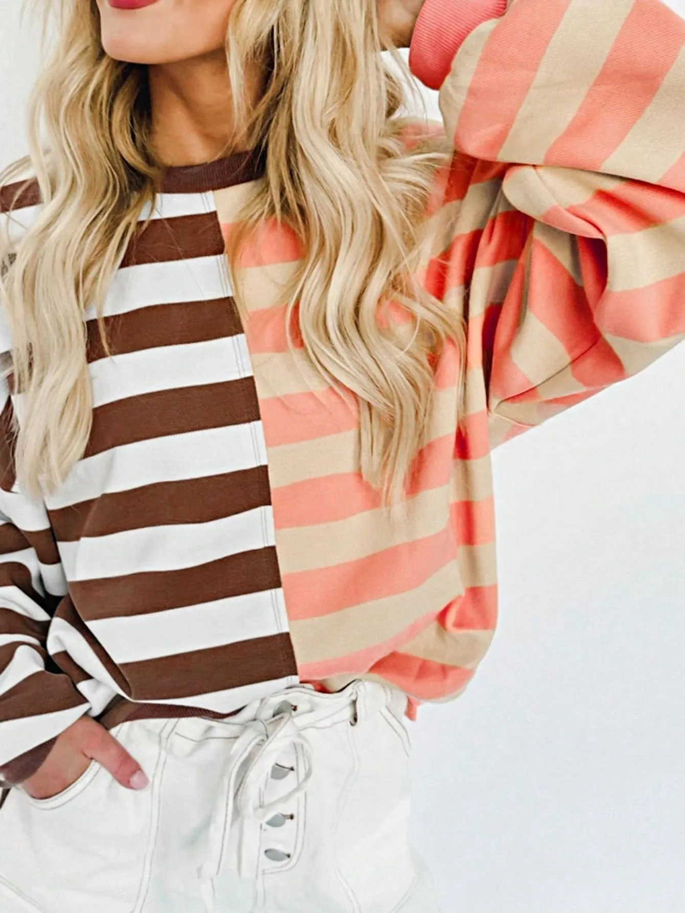 Boho Retro Vintage 90's Vibe Cotton Drop Shoulder Over Size Color Block Sleeve Stripe Sweat Shirt Top Pull Over Sweater sold by Zulily product image thumbnail 3