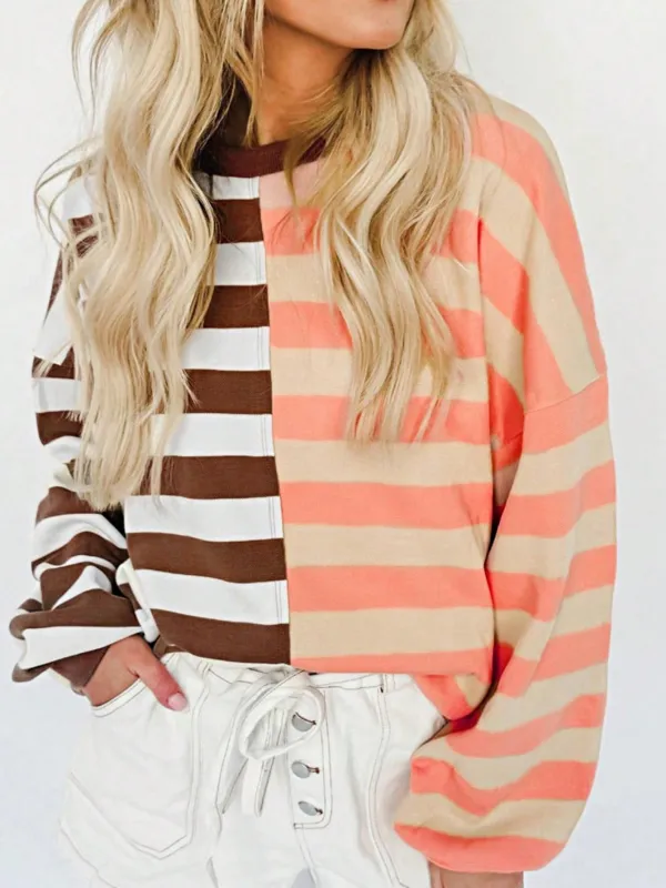 Boho Retro Vintage 90's Vibe Cotton Drop Shoulder Over Size Color Block Sleeve Stripe Sweat Shirt Top Pull Over Sweater made by Zulily