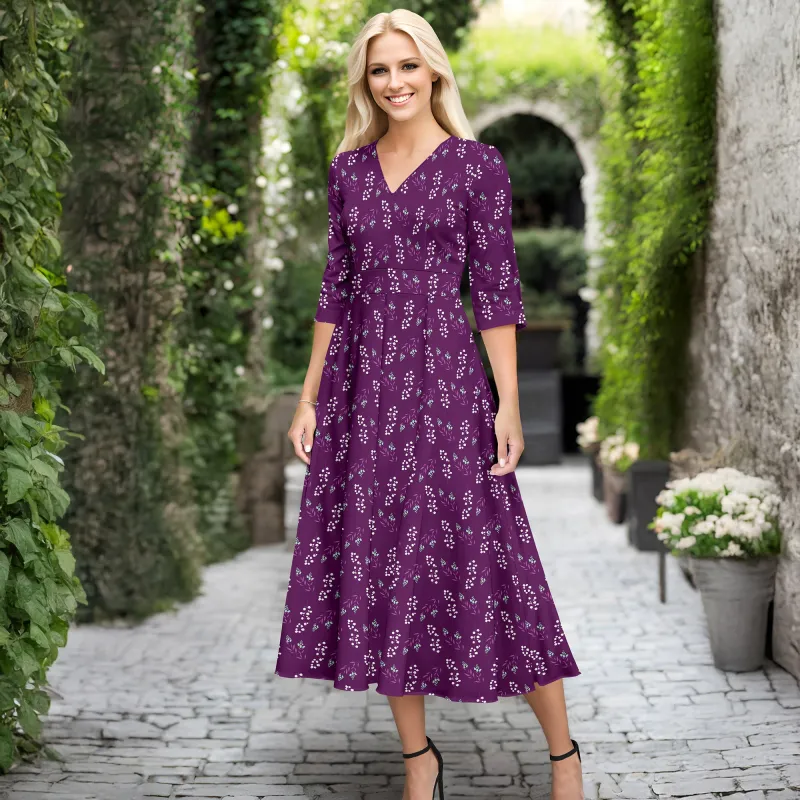 V Neck Three Quarter Sleeve Fit and Flare Midi Dress by Bon Apple Tea made by Zulily