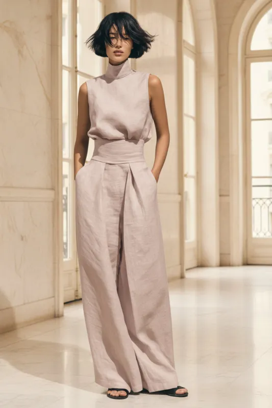 Women's Linen-Blend High-Neck Sleeveless Top & Wide-Leg Pants Set made by Zulily