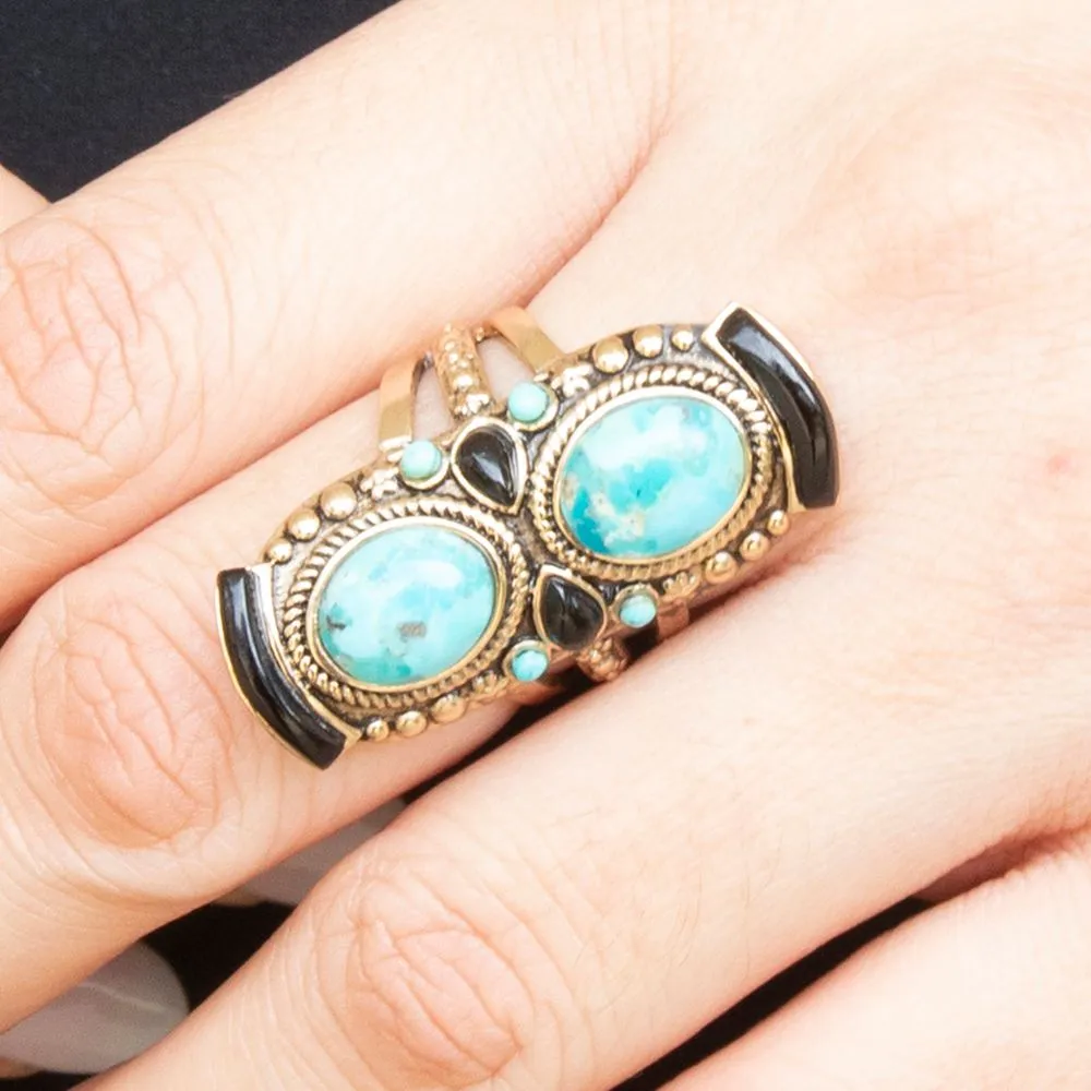 Double Up Blue Turquoise and Black Onyx Golden Ring sold by Zulily product image thumbnail 4