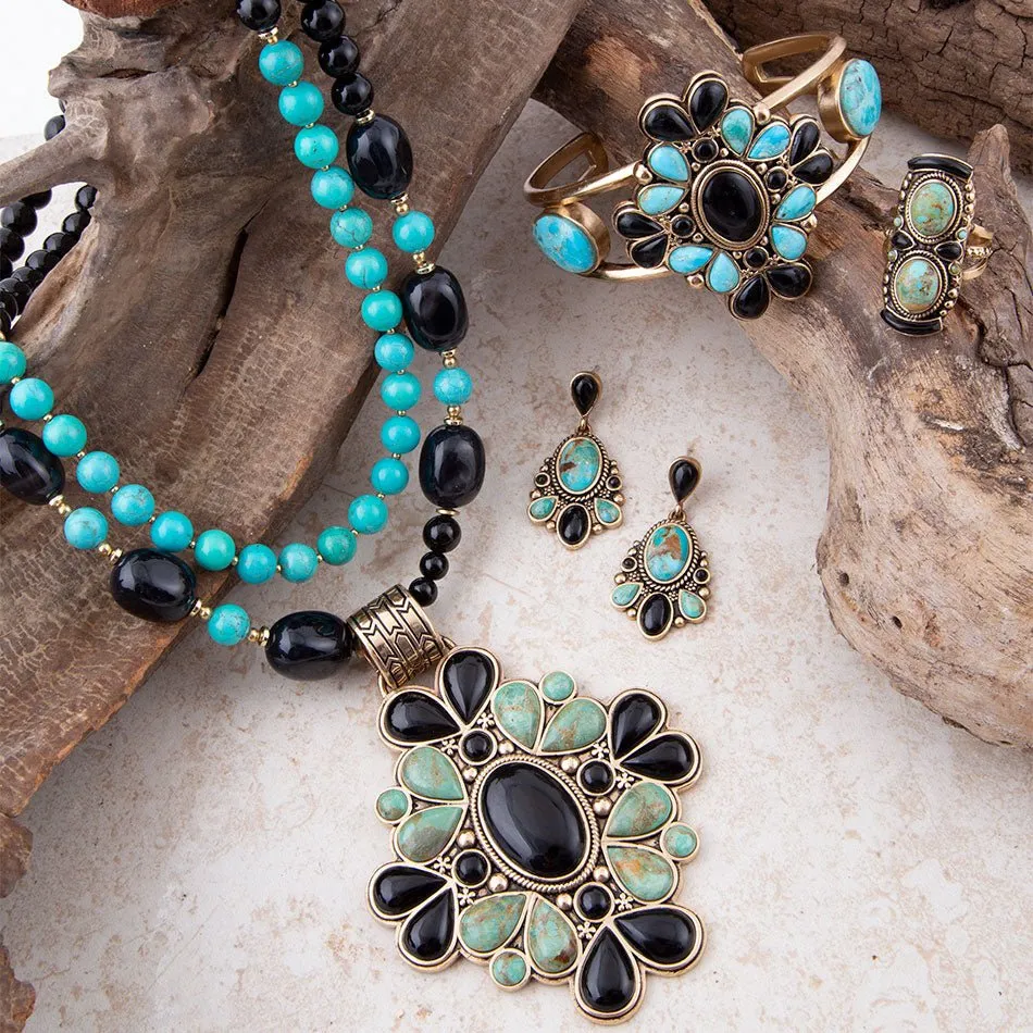 Double Up Blue Turquoise and Black Onyx Golden Ring sold by Zulily product image thumbnail 5