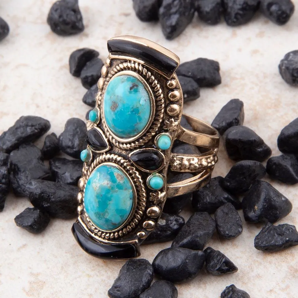 Double Up Blue Turquoise and Black Onyx Golden Ring sold by Zulily product image thumbnail 2