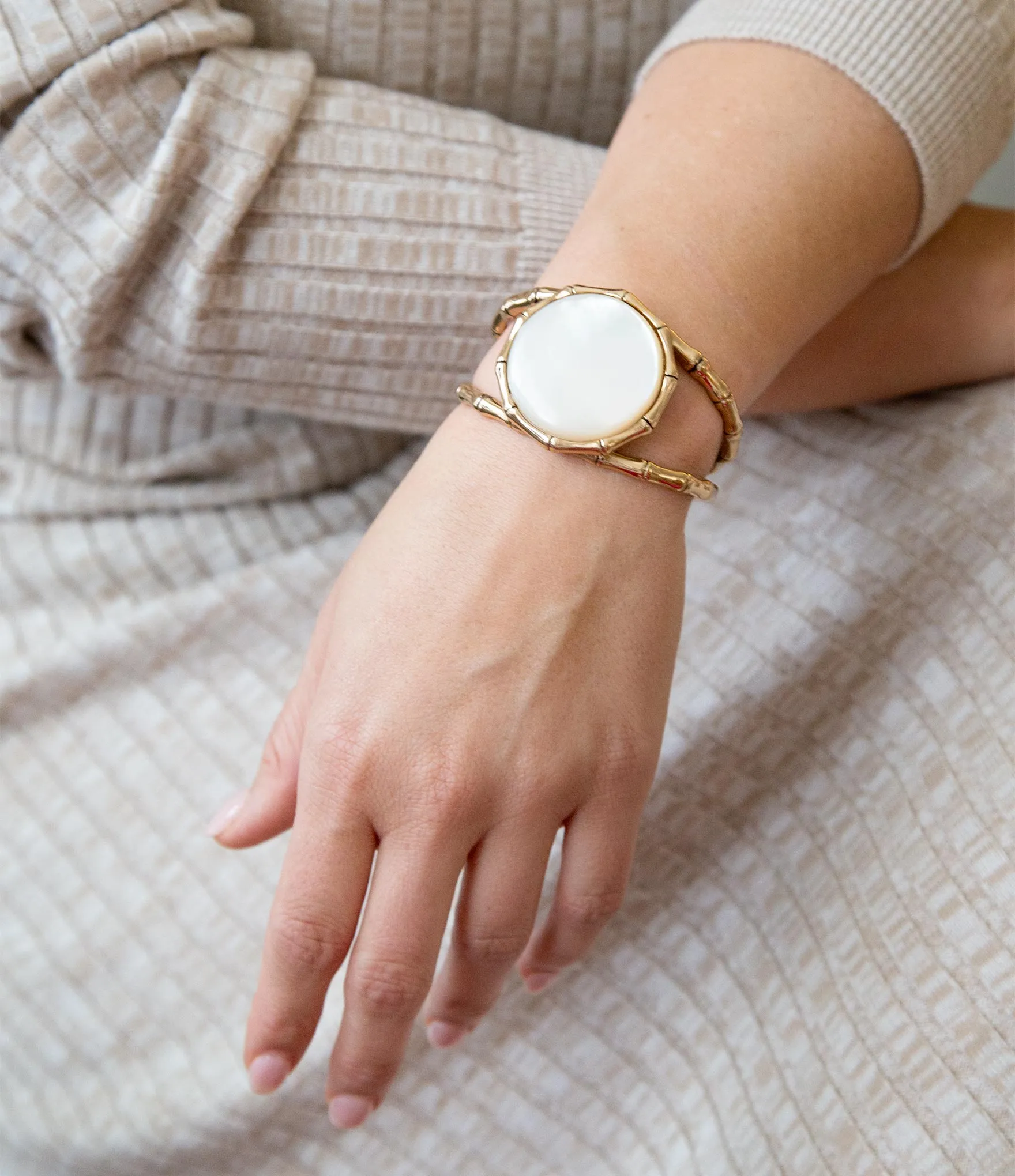 White Mother of Pearl Golden Bamboo Cuff Bracelet sold by Zulily product image thumbnail 2