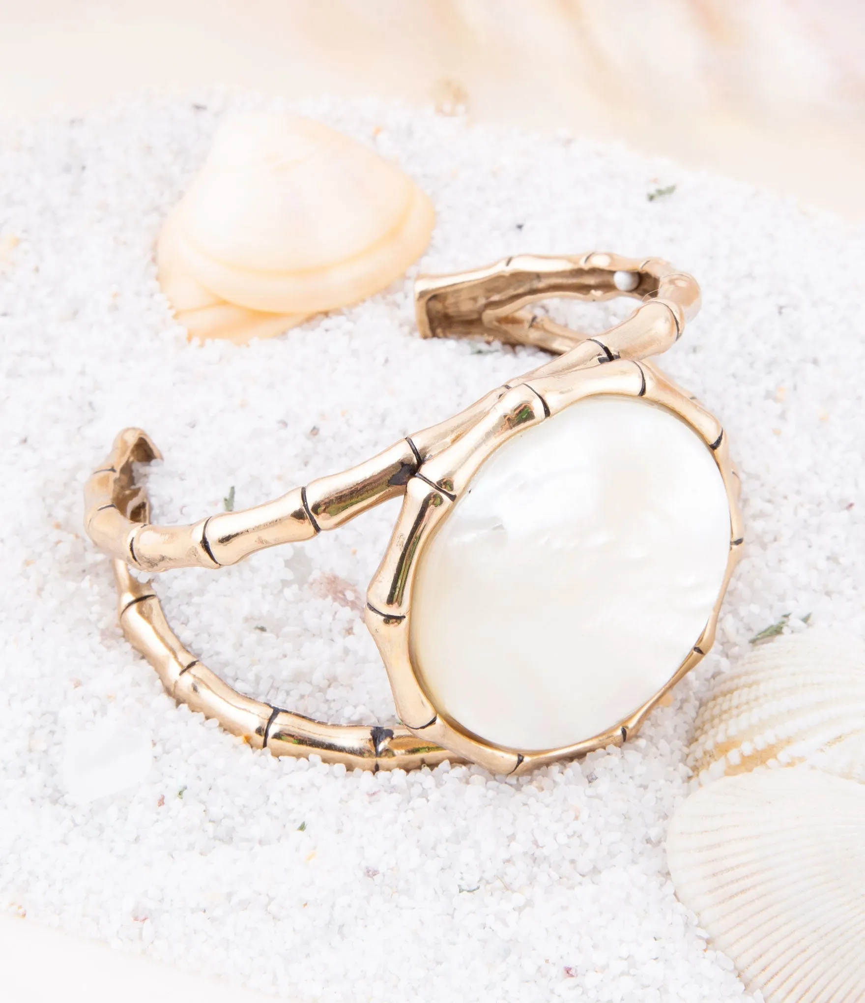 White Mother of Pearl Golden Bamboo Cuff Bracelet sold by Zulily product image thumbnail 3