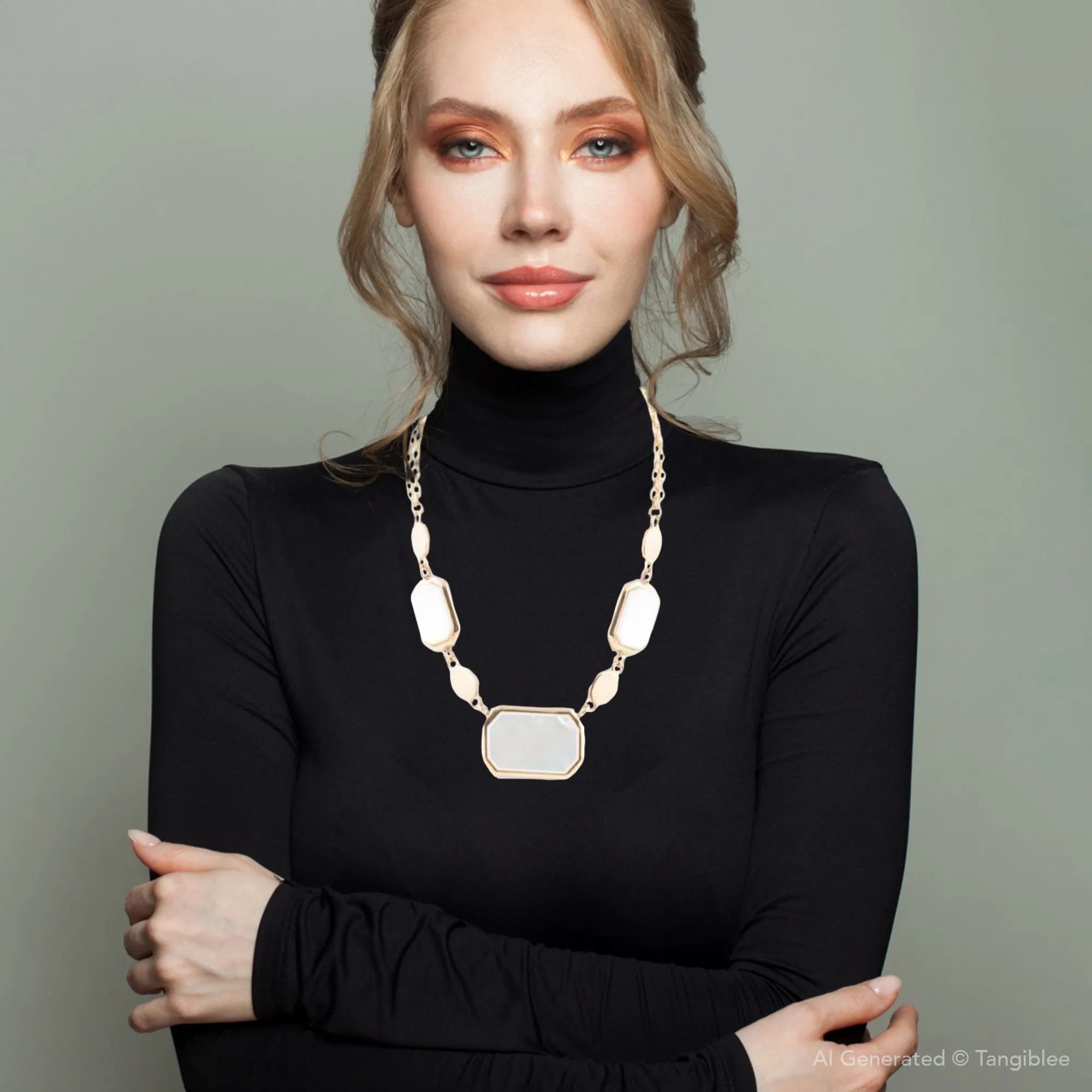 White Mother of Pearl and Golden Bronze Statement Necklace sold by Zulily product image thumbnail 2