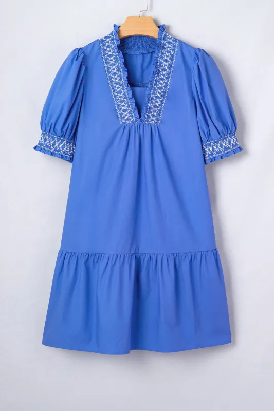 Sky Blue Embroidered Smocked Detail V Neck Short Puff Sleeve Mini Dress made by Threaded Pear