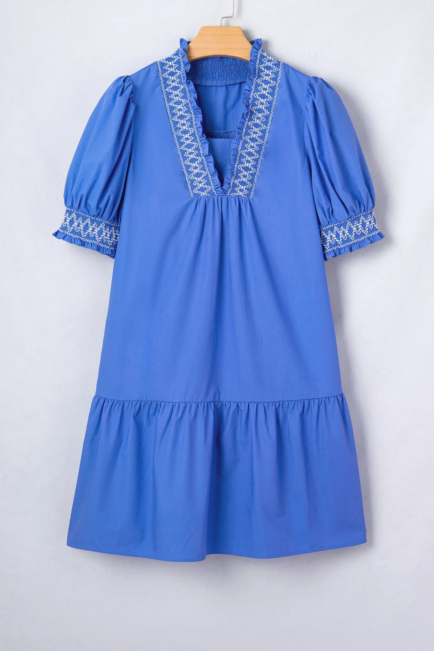 Sky Blue Embroidered Smocked Detail V Neck Short Puff Sleeve Mini Dress sold by Zulily