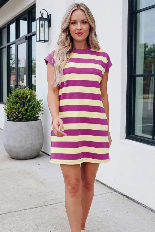 Rose Stripe Cap Sleeve Pocketed Shift T-shirt Dress made by Threaded Pear