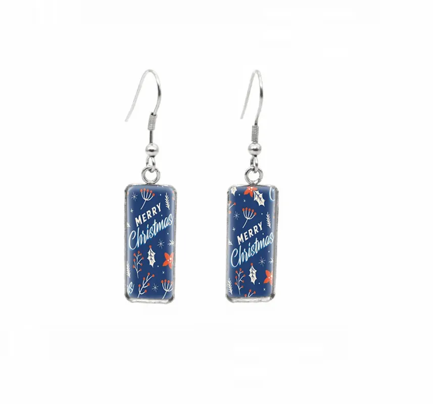 Don't AsK Rectangular Art-Print Drop Earrings – Blue Merry Christmas – Lightweight Dangle Earrings for Women made by Zulily