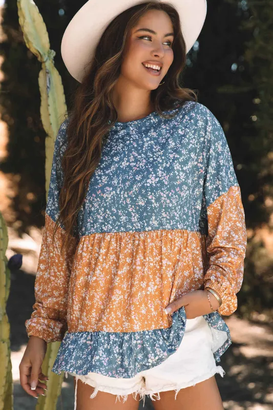Threaded Pear Cecilia Floral Ruffled Hem Round Neck Blouse made by Threaded Pear