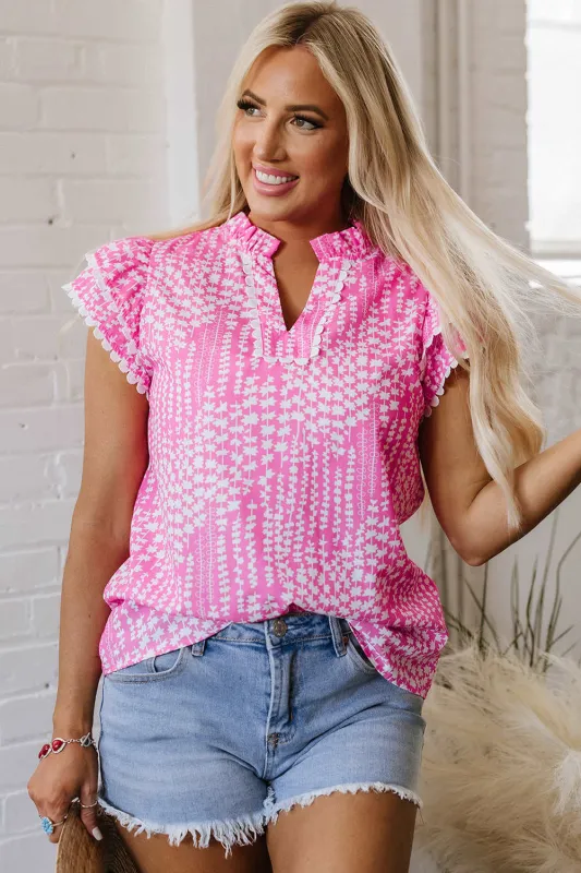 Threaded Pear Cynthia Ric Rac Trim Flutter Sleeve Notch V Neck Blouse made by Threaded Pear