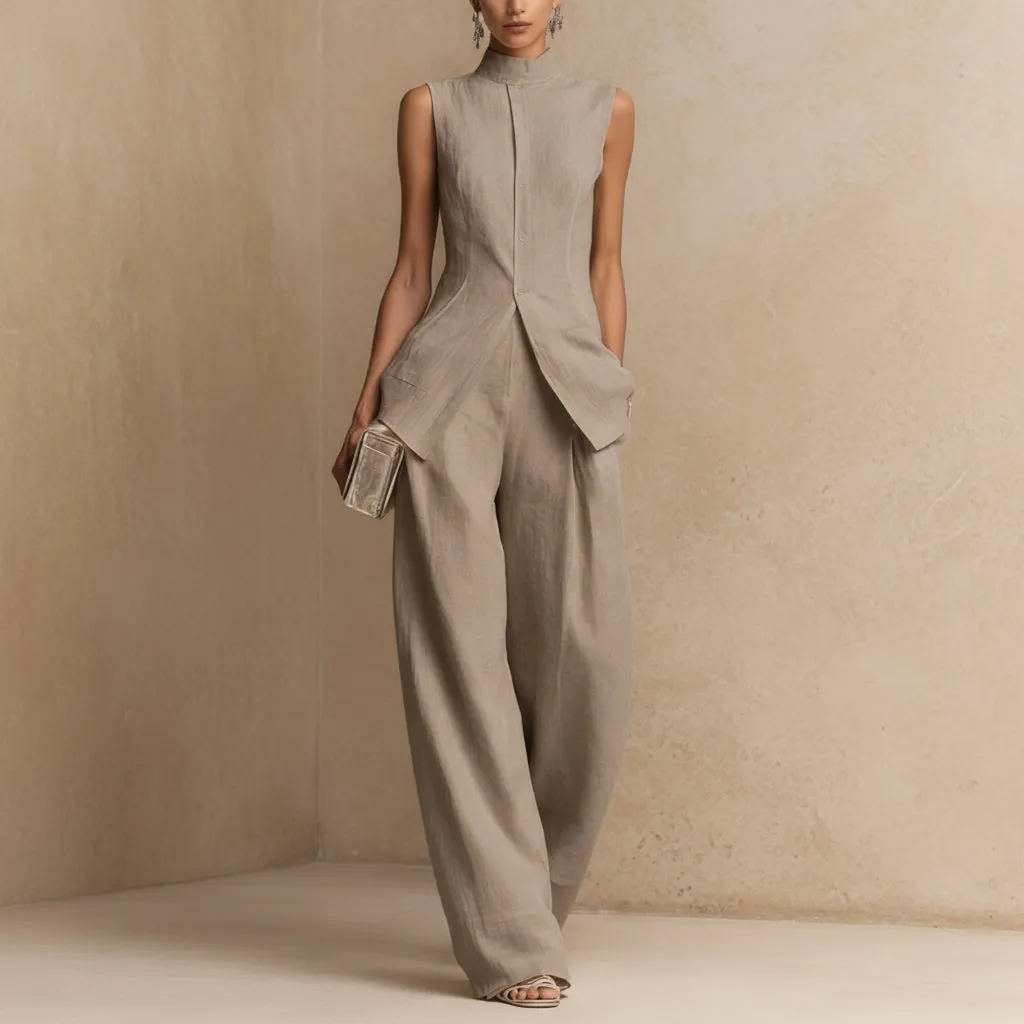 Women's Stand Collar Longline Vest Top & Wide-Leg Trousers Two-Piece Set sold by Zulily product image thumbnail 4