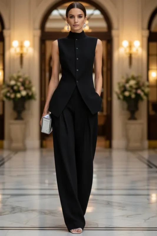 Women's Stand Collar Longline Vest Top & Wide-Leg Trousers Two-Piece Set made by Zulily