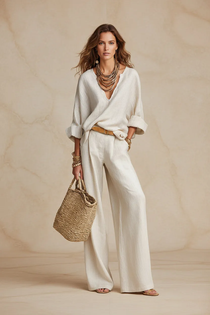 Women's Linen-Style Two-Piece Set – V-Neck Top & Wide-Leg Pants sold by Zulily product image thumbnail 3