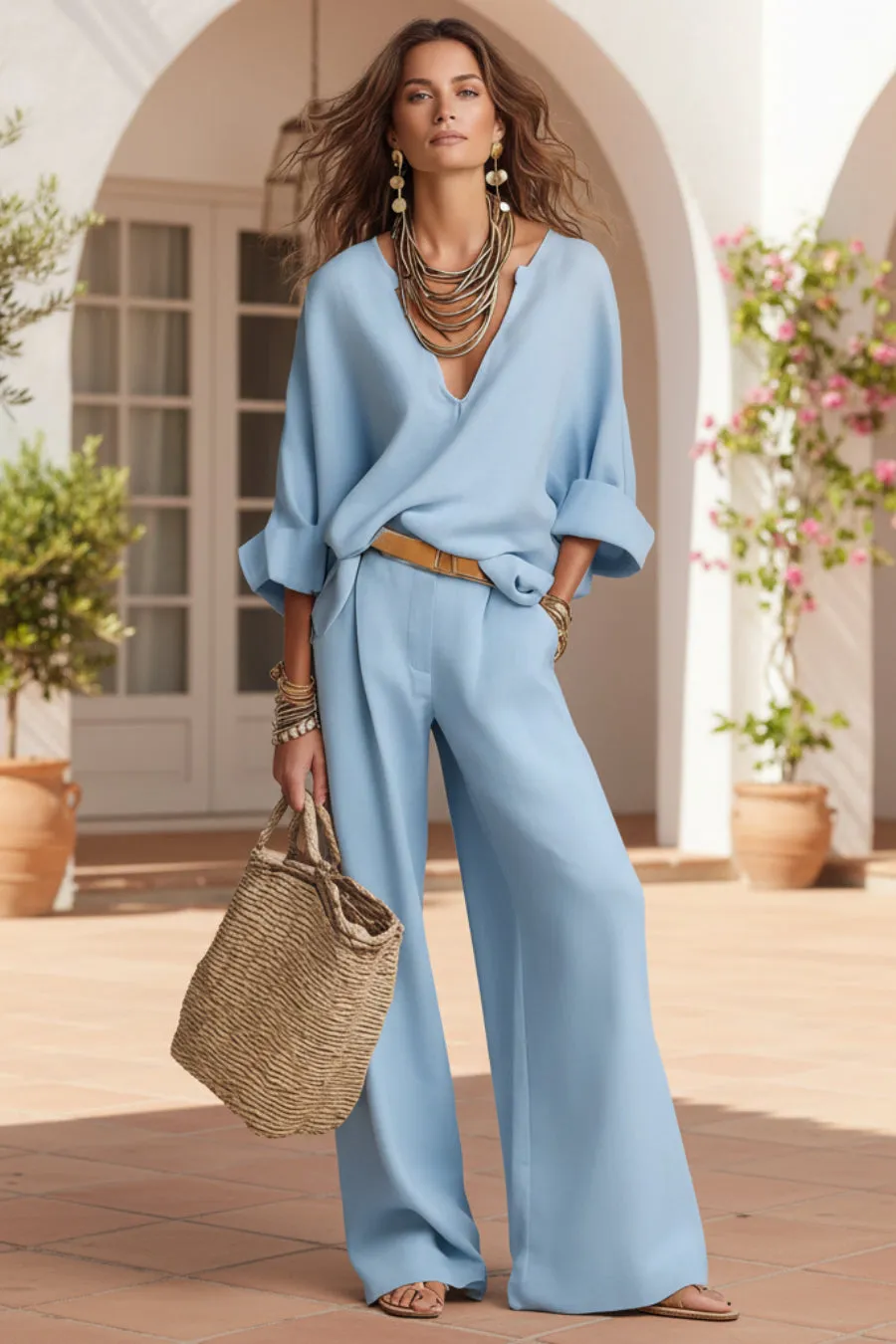 Women's Linen-Style Two-Piece Set – V-Neck Top & Wide-Leg Pants sold by Zulily product image thumbnail 4