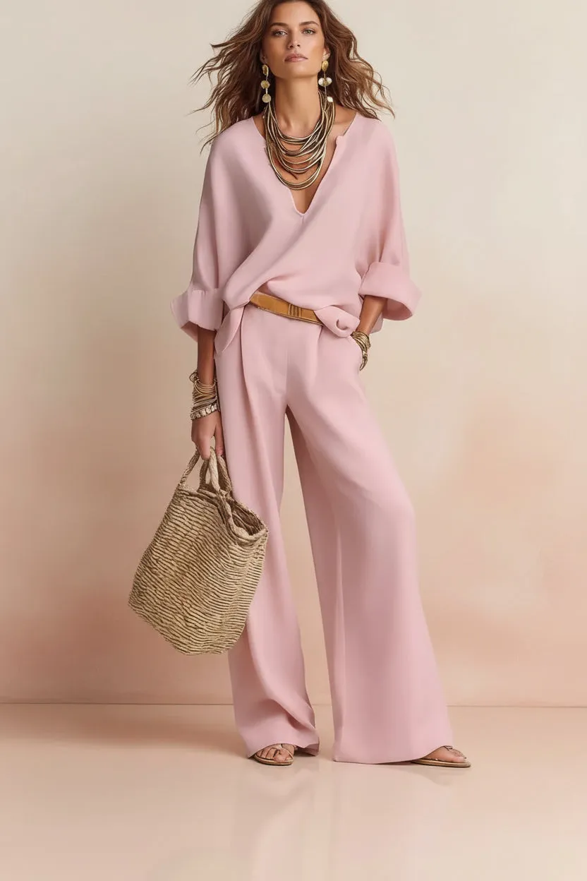 Women's Linen-Style Two-Piece Set – V-Neck Top & Wide-Leg Pants sold by Zulily product image thumbnail 2