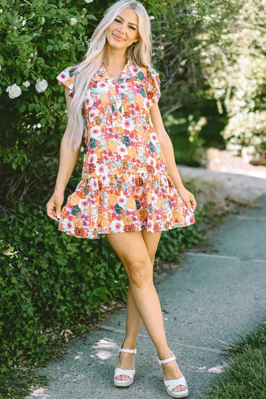Threaded Pear August Floral Print Split Neck Flutter Sleeve Dress made by Threaded Pear