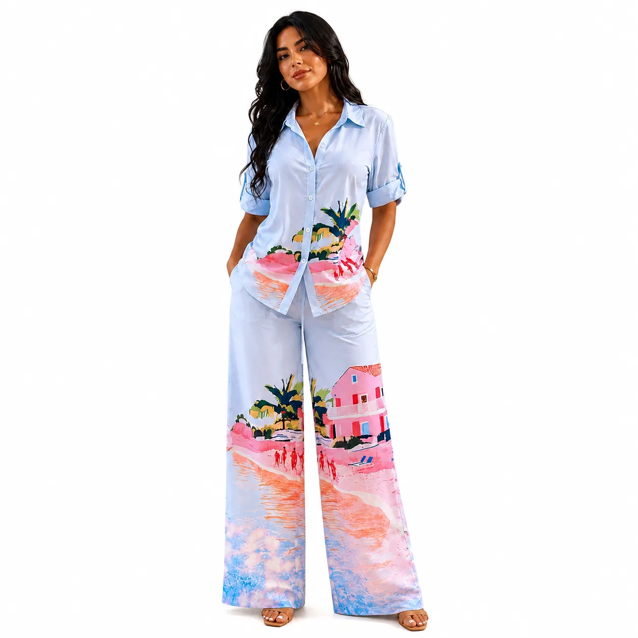 Endless Moon Tropical Print Button-Down Shirt & Wide Leg Pants Set sold by Zulily product image thumbnail 2