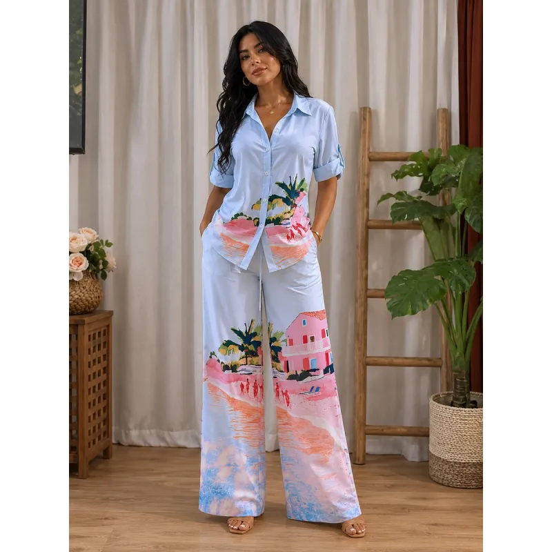 Endless Moon Tropical Print Button-Down Shirt & Wide Leg Pants Set made by Zulily