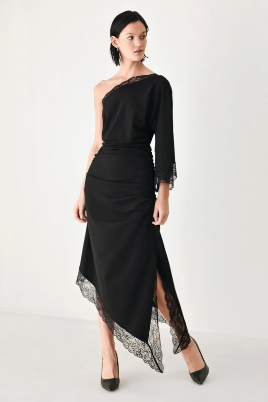 After Hours Lace Trim Asymmetric Midi Dress made by Flying Tomato