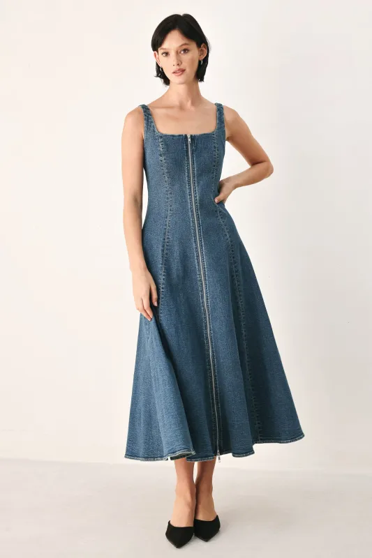 Blue Horizon Zip Front Denim Midi Dress made by Flying Tomato