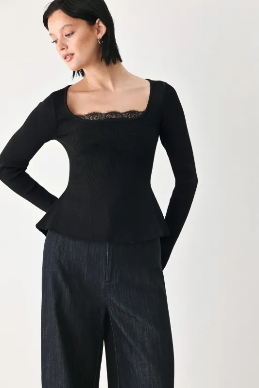 Sweet Devotion Black Lace-trim Square Neck Sweater made by Flying Tomato