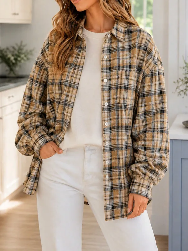 Boho Retro Cotton Mineral Wash  Plaid Corduroy Button Patchwork Pocket Loose  Oversized Shacket Cardigan Shirt made by Zulily