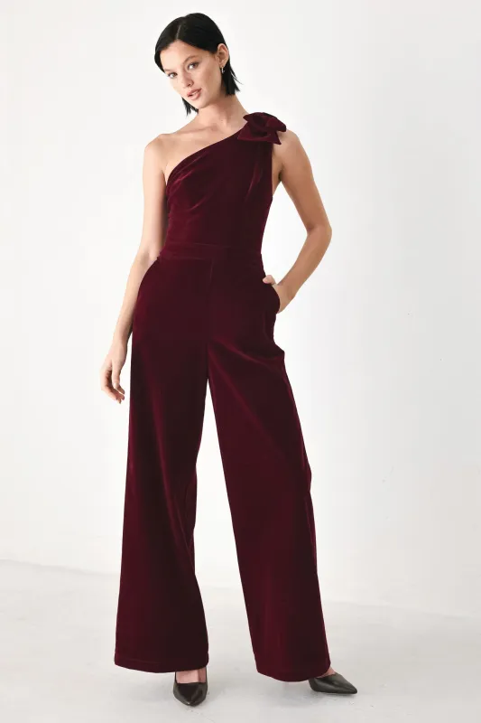 Berry After Dark Velvet Bow One-shoulder Jumpsuit made by Flying Tomato