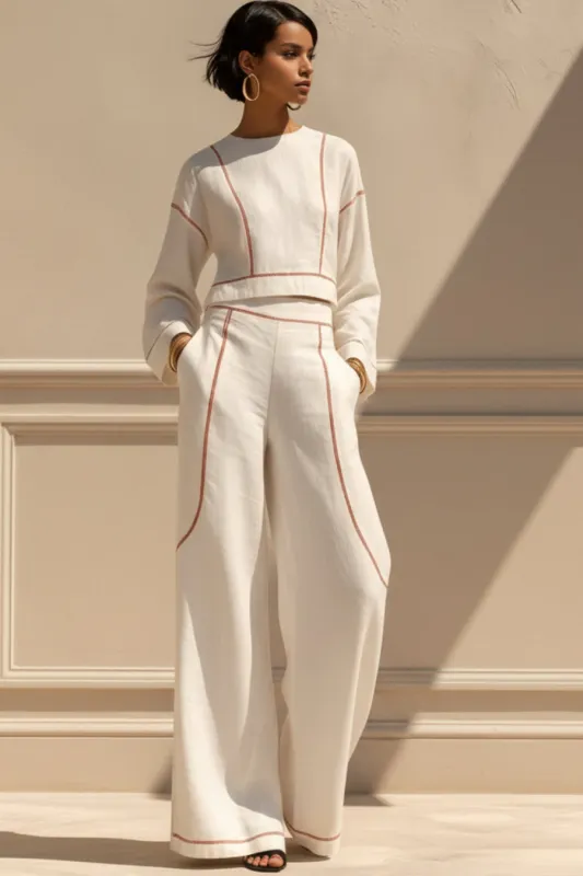 Women's Cropped Long-Sleeve Top & Ultra-Wide Palazzo Pants Set made by Zulily