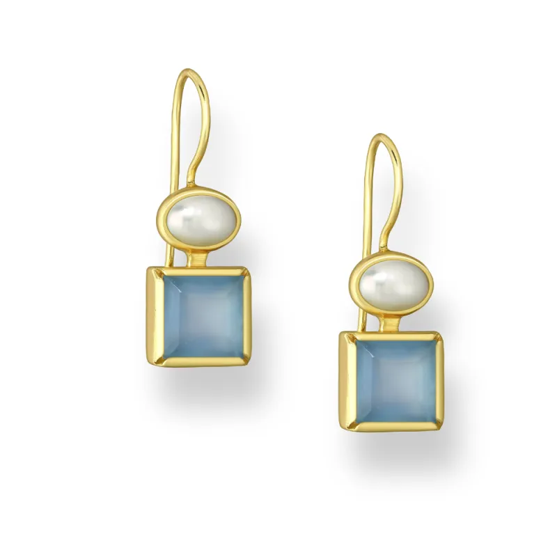 Gold Plated Sterling Silver Freshwater Pearl & Square Blue Chacedony Drop Earrings made by Zulily