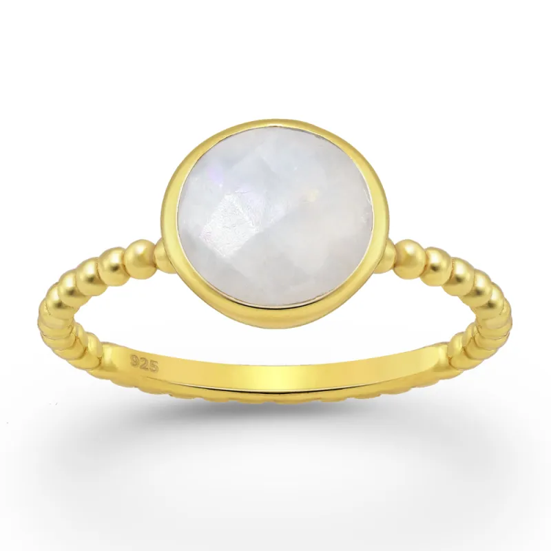Sterling Silver 18kt Gold Plated Beaded Band & Circular Rainbow Moonstone Ring made by Zulily