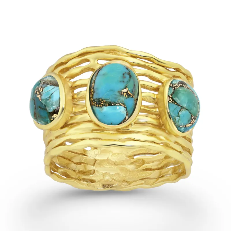 Sterling Silver 18kt Gold Plated Multi-Band Triple Turquoise Oval Statement Ring made by Zulily