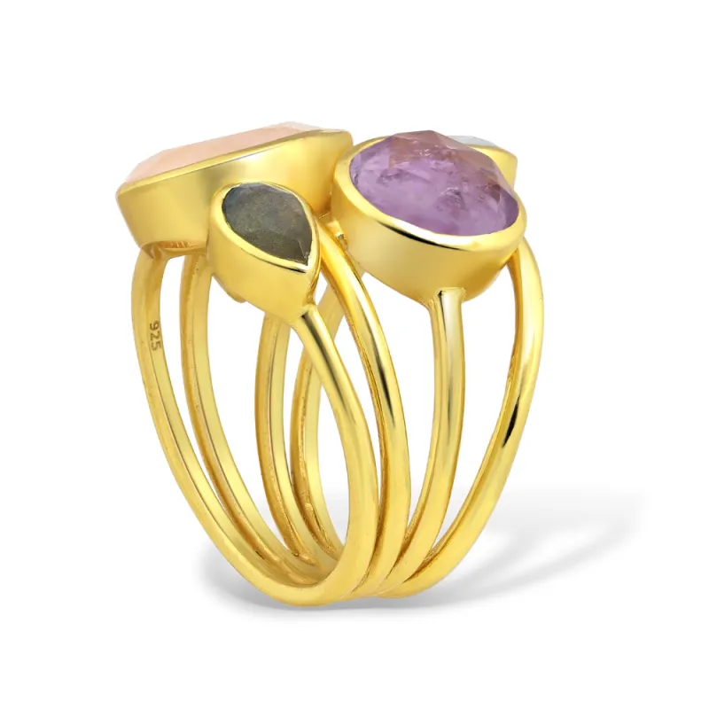 Sterling Silver 18kt Gold Plated Amethyst Labradorite Rainbow Moonstone and Rose Quartz Stone CZ Mix Multi-Band Geometric Statement Ring made by Zulily