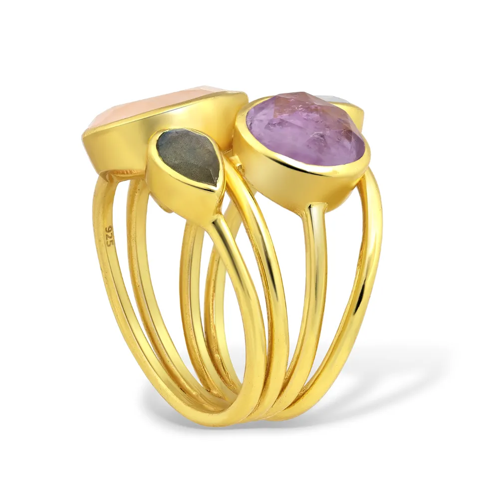 Sterling Silver 18kt Gold Plated Amethyst Labradorite Rainbow Moonstone and Rose Quartz Stone CZ Mix Multi-Band Geometric Statement Ring sold by Zulily