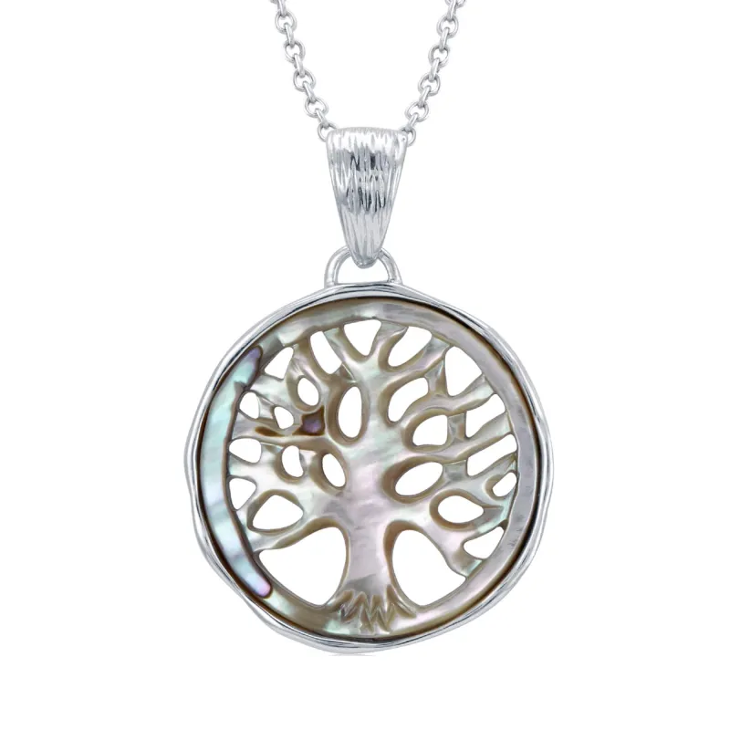 Sterling Silver Round Shape Abalone Shell Tree of Life Pendant Necklace made by Zulily