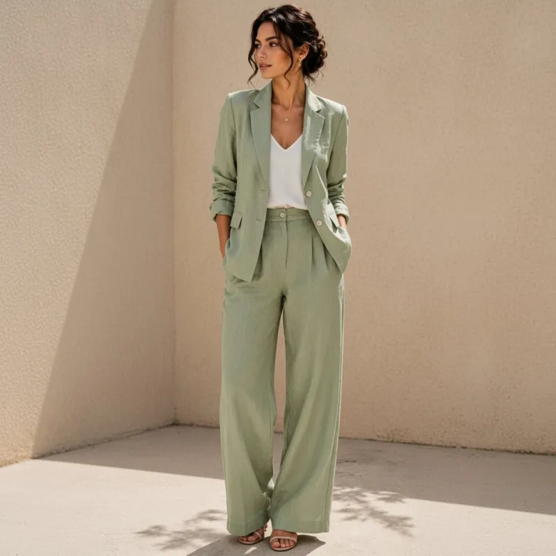 Women's Linen-Look Oversized Double-Breasted Blazer & Wide-Leg Pleated Trouser Suit Set made by Zulily