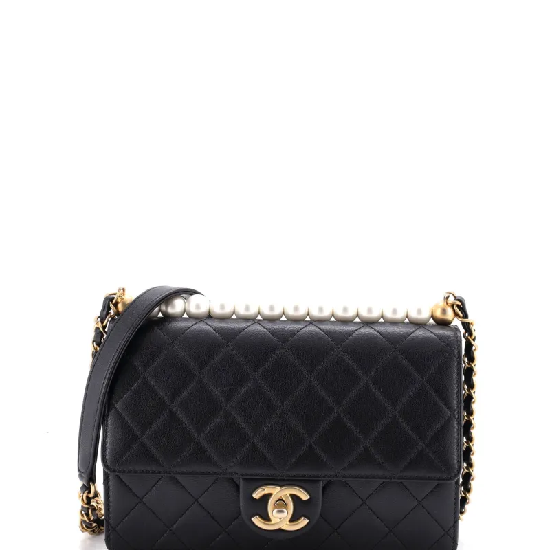 Chic Pearls Flap Bag Quilted Lambskin Small made by Chanel