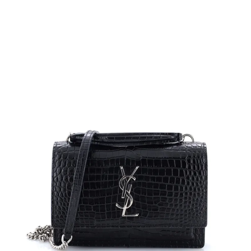 Sunset Top Handle Chain Wallet Crocodile Embossed Leather made by Yves Saint Laurent