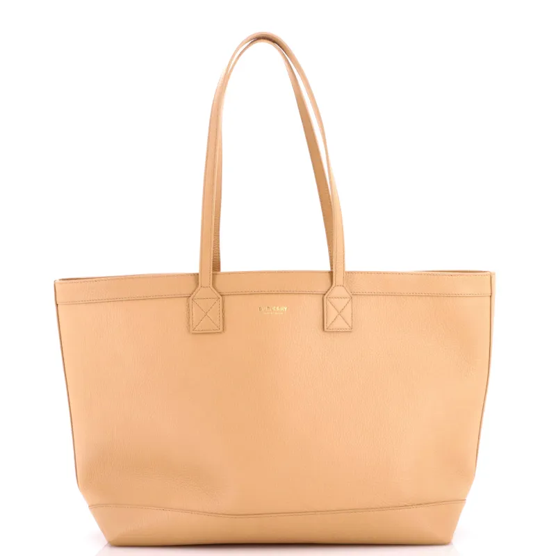 Shopping Tote Leather with Check Canvas Interior Medium made by Burberry