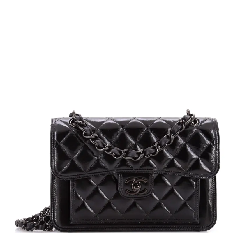 So Black Double You CC Flap Bag Quilted Shiny Crumpled Calfskin Medium made by Chanel