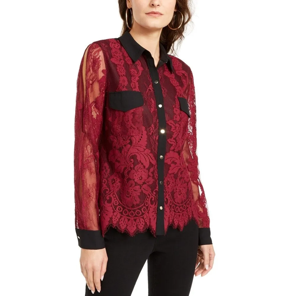 Thalia Sodi Women's Mixed Media Button Up Shirt Red Size XX-Large sold by Zulily