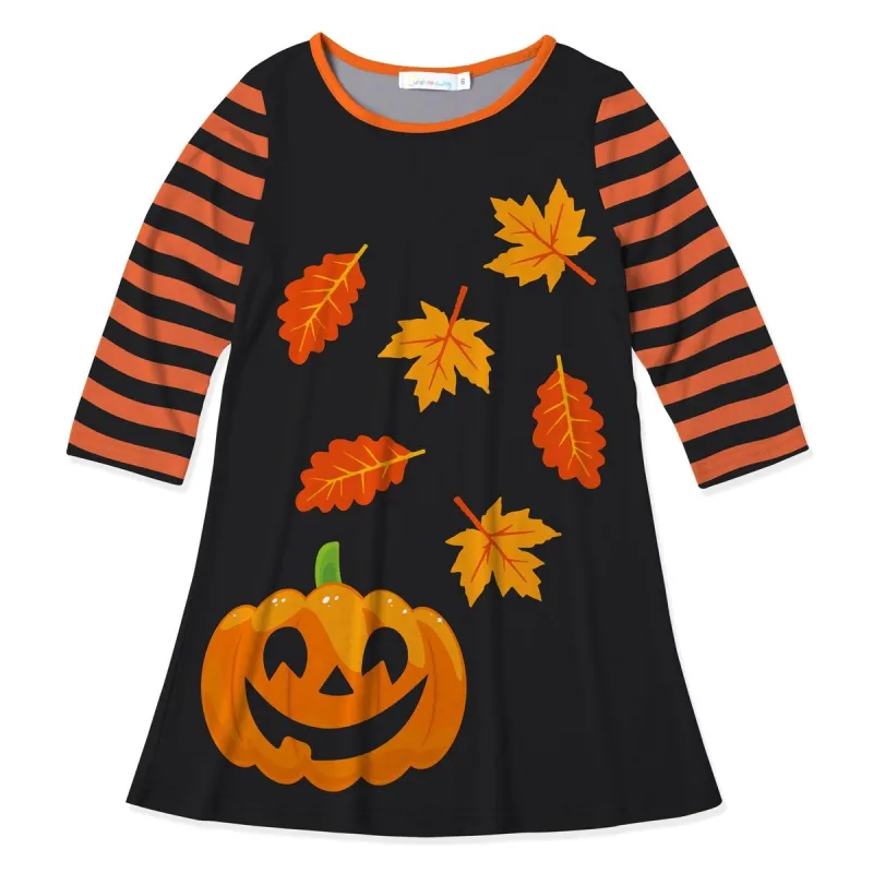 Black & Orange Pumpkin Leaf & Stripe Print Three-Quarter Sleeve Dress sold by Zulily