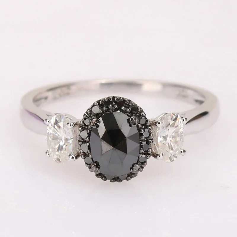 Miadora 10k White Gold 3/5ct TDW Black Diamond & Created Moissanite 3-Stone Halo Engagement Ring sold by Zulily