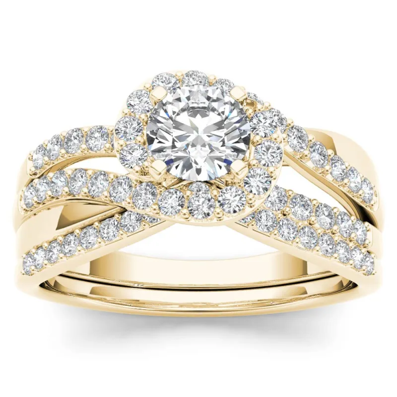 De Couer 14k Yellow Gold 1ct TDW Diamond Bypass Halo Engagement Ring Set with One Band sold by Zulily
