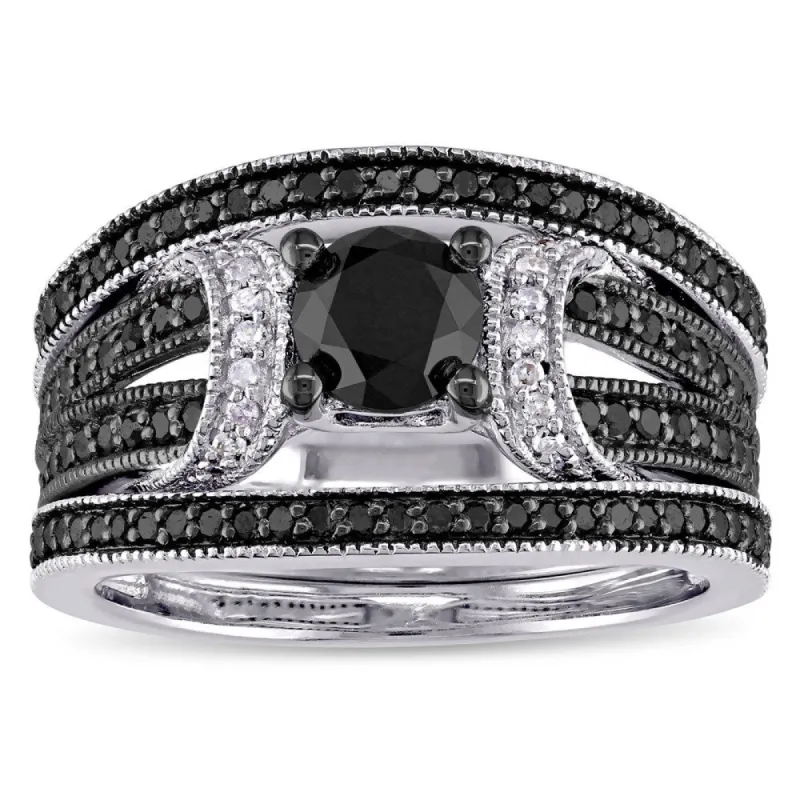 Miadora Sterling Silver 1 1/3ct TDW Black and White Diamond Split Shank 3-Piece Bridal Set sold by Zulily