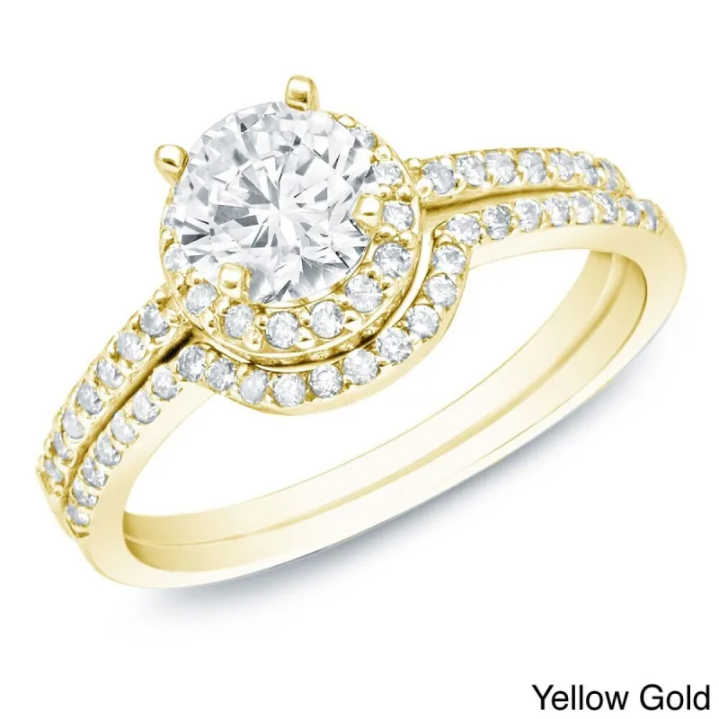 14k Gold 1ct TDW Certified Round Diamond Halo Engagement Ring Set by Auriya sold by Zulily