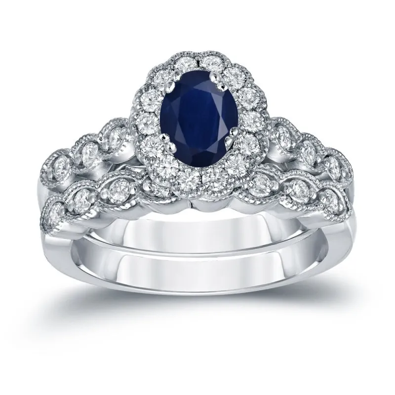 Auriya Vintage 1ct Sapphire Oval and 3/5ctw Halo Diamond Engagement Ring Set Platinum sold by Zulily